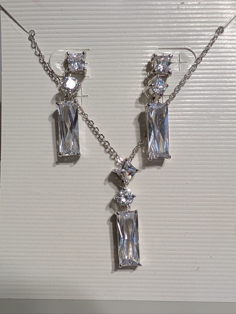 Silver Bridal Jewelry Set Cubic Zirconia Dangle Necklace & Earrings Wedding